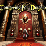 **

A team of powerful heroes standing triumphantly in front of a massive dungeon entrance, gleaming legendary equipment highlighted on their character models. Gold coins and red gems sparkle around them. Arabic text overlay: "Conquering Dungeons for Legendary Gear."

**