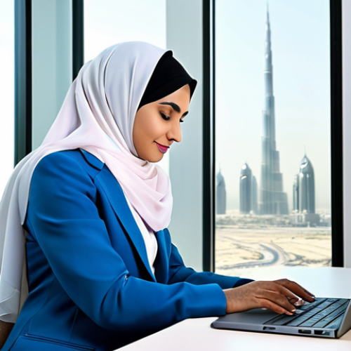 Home 12 **
A professional businesswoman in a modest, modern hijab and a stylish, fully clothed business suit, working on a laptop in a bright, contemporary office in Dubai. The background shows the Burj Khalifa through a large window. Perfect anatomy, correct proportions, natural pose, professional photography, high quality, safe for work, appropriate content, fully clothed, professional.
**