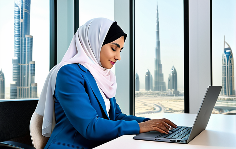 **

A professional businesswoman in a modest, modern hijab and a stylish, fully clothed business suit, working on a laptop in a bright, contemporary office in Dubai. The background shows the Burj Khalifa through a large window. Perfect anatomy, correct proportions, natural pose, professional photography, high quality, safe for work, appropriate content, fully clothed, professional.

**